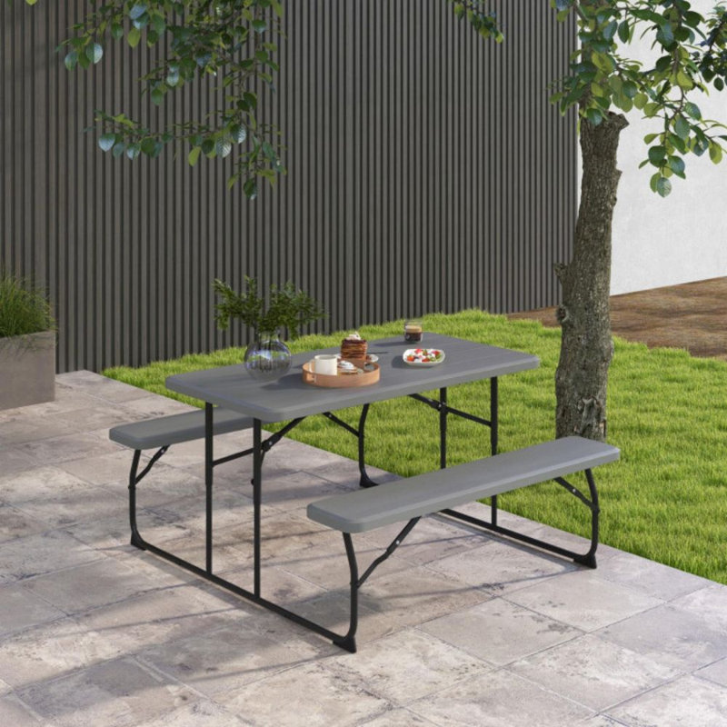 Ensemble de banc de table de pique-nique intérieur et extérieur pliable avec texture de bois, Gris