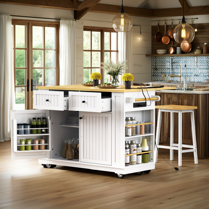 Chariot pour îlot de cuisine 48 "avec rallonge, rangement et prises de courant, Blanc