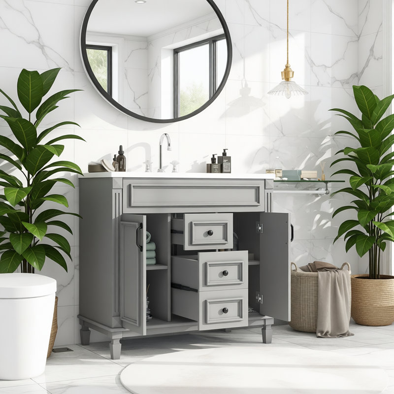 Meuble-lavabo sur pied 36 po avec lavabo supérieur, meuble-lavabo simple moderne avec 2 portes à fermeture douce et 2 tiroirs