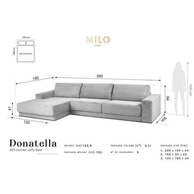 Donatella 6 Seater Sofa Bed, Left Hand Facing, Pink Velvet