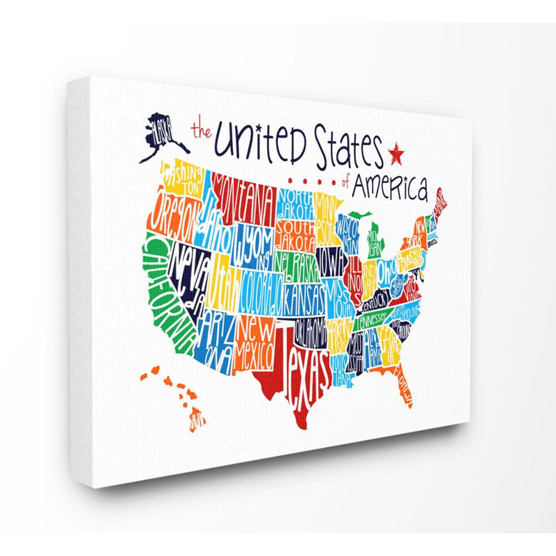 Carte colorée des États-Unis avec la typographie des noms d'État par Erica Billups - impression, Toile tendue
