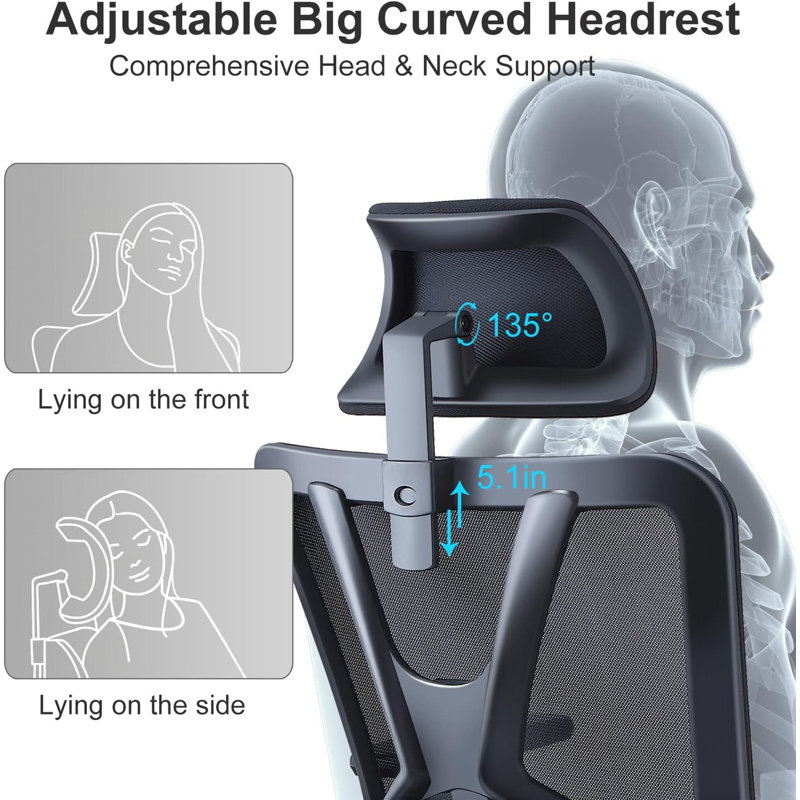 Ergonomic High Back Office Chair - Desk Chair With Adjustable Lumbar Support, Headrest & 3D Armrest, 130°Rocking Mesh Computer Chair