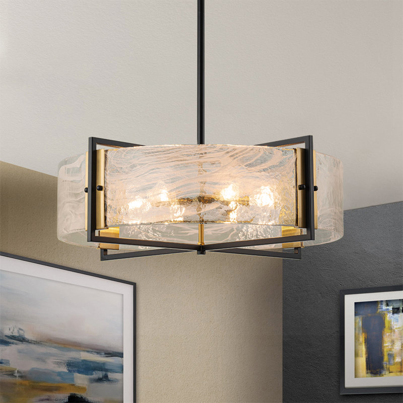 6-Light White Mist Glass Drum Chandelier, Matte Black/Brushed Gold