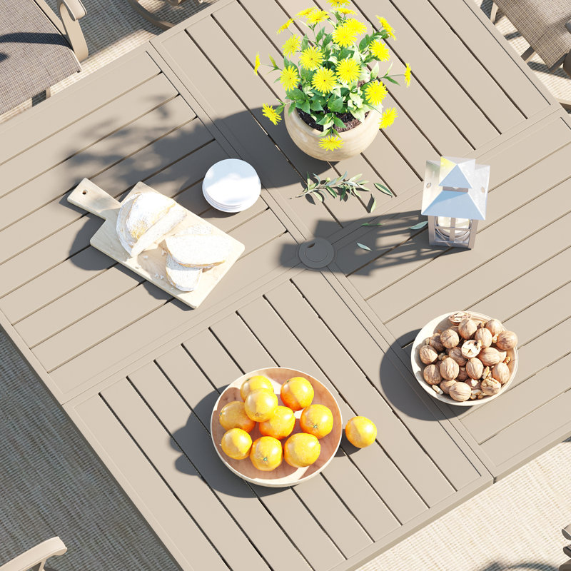 8-Person Patio Dining Set with 59" Square Table and Umbrella Hole + 8 Swivel Chairs, Beige/Beige