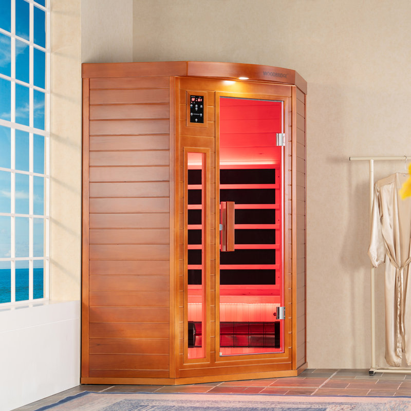 2-Person Indoor FAR Infrared Corner Sauna in Canadian Hemlock with Red Light Therapy, Bluetooth Speaker, Smart Control Panel & Chromotherapy Lighting