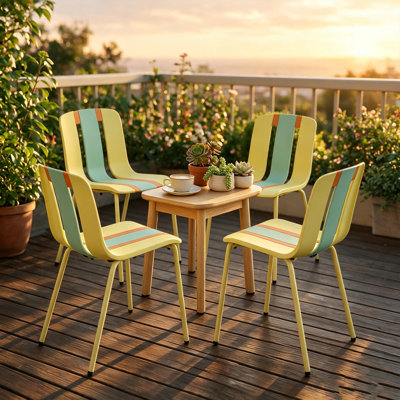 Summer 4-Pack Modern Striped Color Block Chairs, 330 LBS Capacity, Indoor Outdoor PP Plastic Dining Chairs with Sturdy Metal Legs, Vibrant Yellow Orange Green, Living Room Café Patio