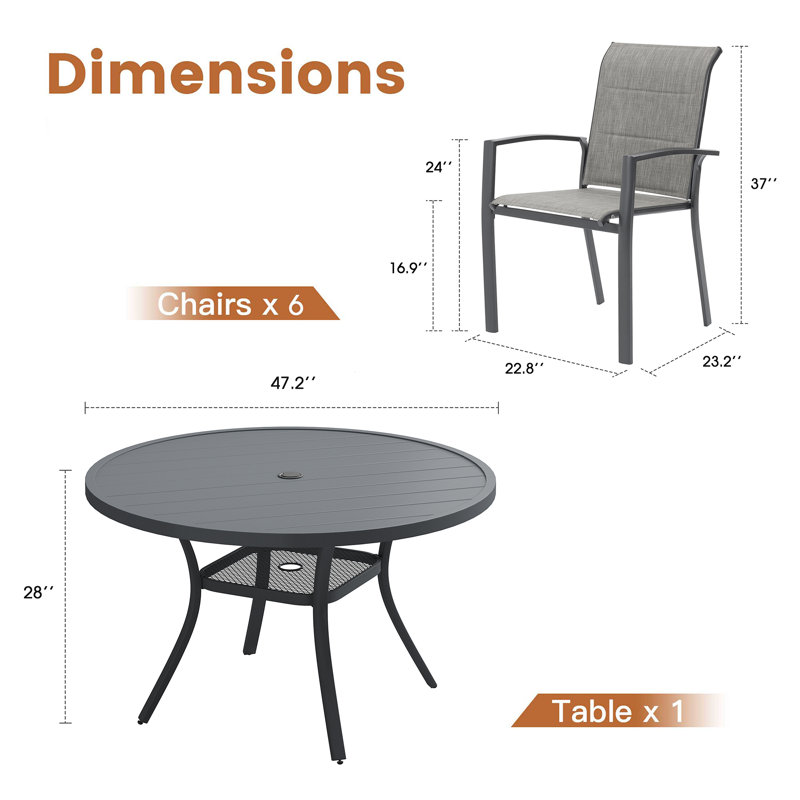 Patio Dining Set with 47.2" Round Dining Table and 6 Padded Textilene Dining Chairs, Gray