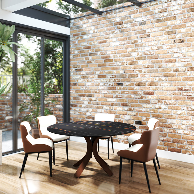 Modern Round Sintered Stone Dining Table, 29.53"H x 59.05"L x 59.05"W, Black, Brown