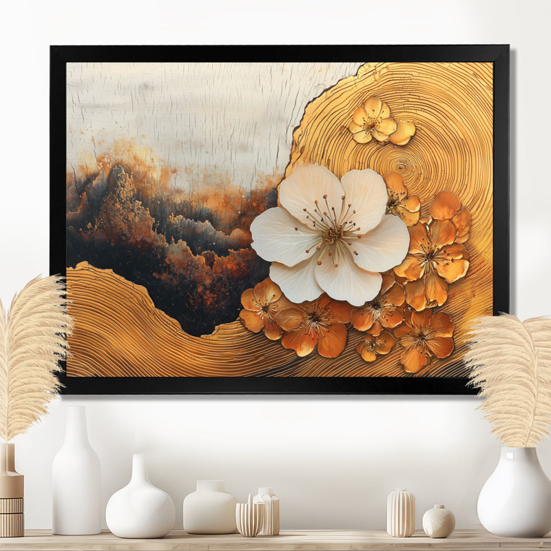 Fleur de pommier de Coggeshall dans une rivière à encre jaune - Art mural fleur de pommier, H 30 po x l 40 po, Cadre simple