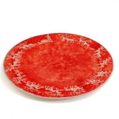 Plateau rond 14,1 po Reindeer Cheer, rouge avec motif de Noël renne blanc, fabriqué en Italie