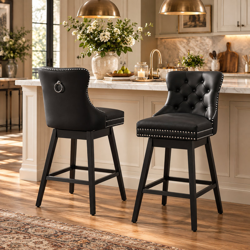 Swivel Bar Stools Set of 2, PU Leather Bar Chairs with Button Tufted Front and Ring Pull Back, 30" Bar Height Stools with Solid Wood Legs for Kitchen Island or Bar, Black