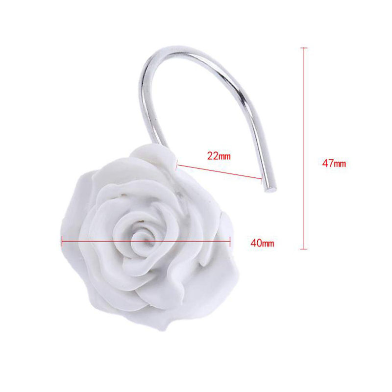 12 pièces de crochets de rideau de douche, crochets de rideau de douche antirouille décoratifs à la maison, résine, fleur rose, crochets, anneaux pour tringles de douche (blanc)