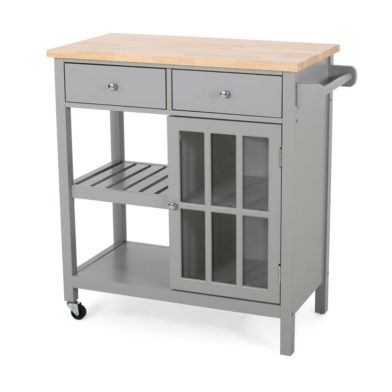 Chariot-bar pour îlot de cuisine roulant, 1 porte vitrée, gris et brun naturel