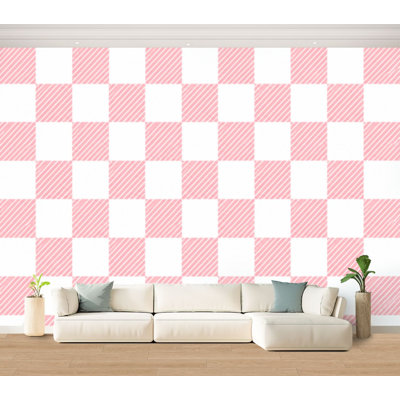 Wall Mural Peel and Stick Wallpaper pink white checkered gingham Self-Adhesive Removable Contact Paper Wall Decor for Living Room Bedroom 100"H x 144"W