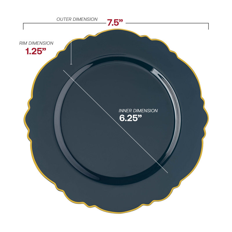 Service de vaisselle jetable en plastique bleu marine à bordure dorée, motif floral rond - 120 services