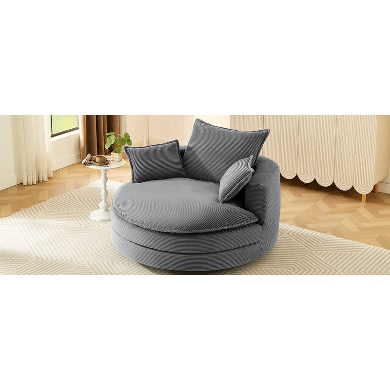 Fauteuil pivotant à 360° avec coussin double couche, 3 coussins de soutien, revêtement en velours côtelé doux et dimensions de 146 cm (57,5 pouces), fauteuil de salon pivotant gris avec coussins amovibles et revêtement élégant en velours côtelé, 146 cm (57,5 pouces), pour le bureau