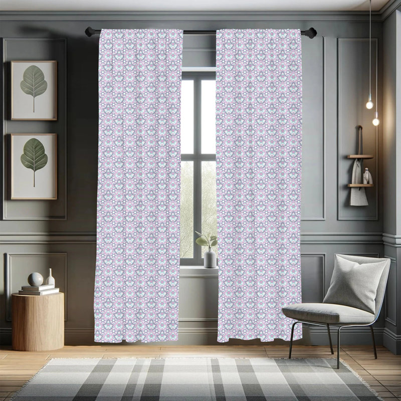 Blue Moroccan Floral Motif Rod Pocket Curtain Pair