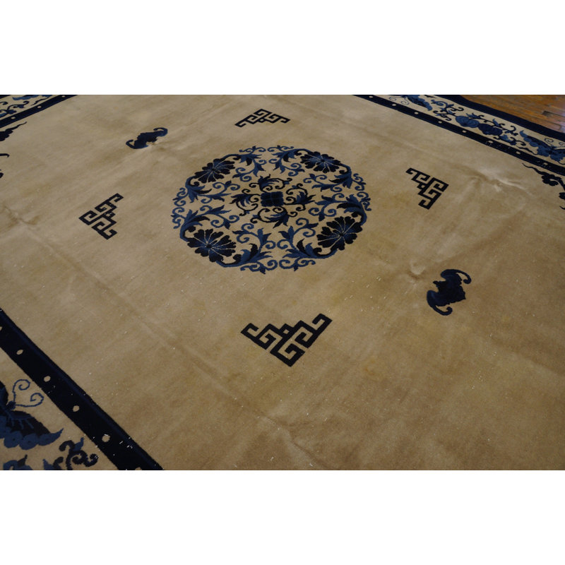 Hand Knotted Pile Ivory Beige Cream White Antique Wool Rectangle 1920s Rug