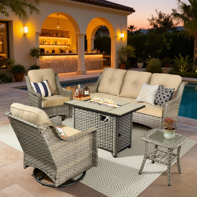 Emanuell 5 - Person Wicker Outdoor Conversation Set, Patio Sofa & Swivel Chair Set with Fire Pit and Cushions