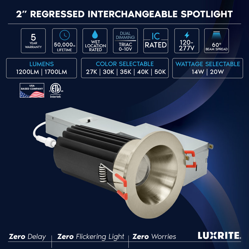 Luxrite 2 po Éclairage DEL sans lumière à DEL régressé avec garniture ronde interchangeable en nickel brossé 5CCT à intensité variable, 14 / 20W, faisceau 60 °, 1200 / 1700LM, paquet de 120 - 277 V