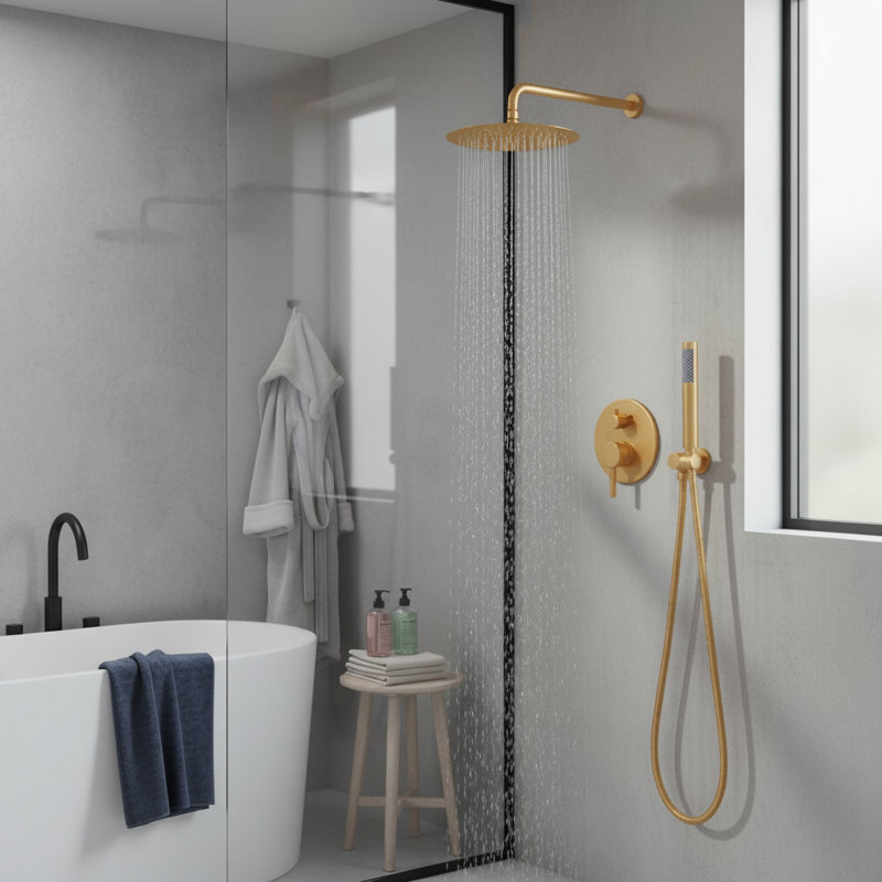 10" Brushed Gold Wall Mounted Dual Function Shower System With Rough-In Valve, Rainfall Head And Handheld, Brushed Gold