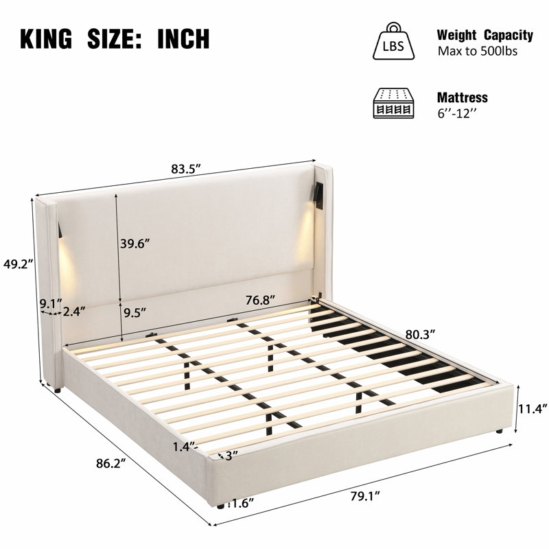 Upholstered Bed Frame with Reading Lamp and USB port, King