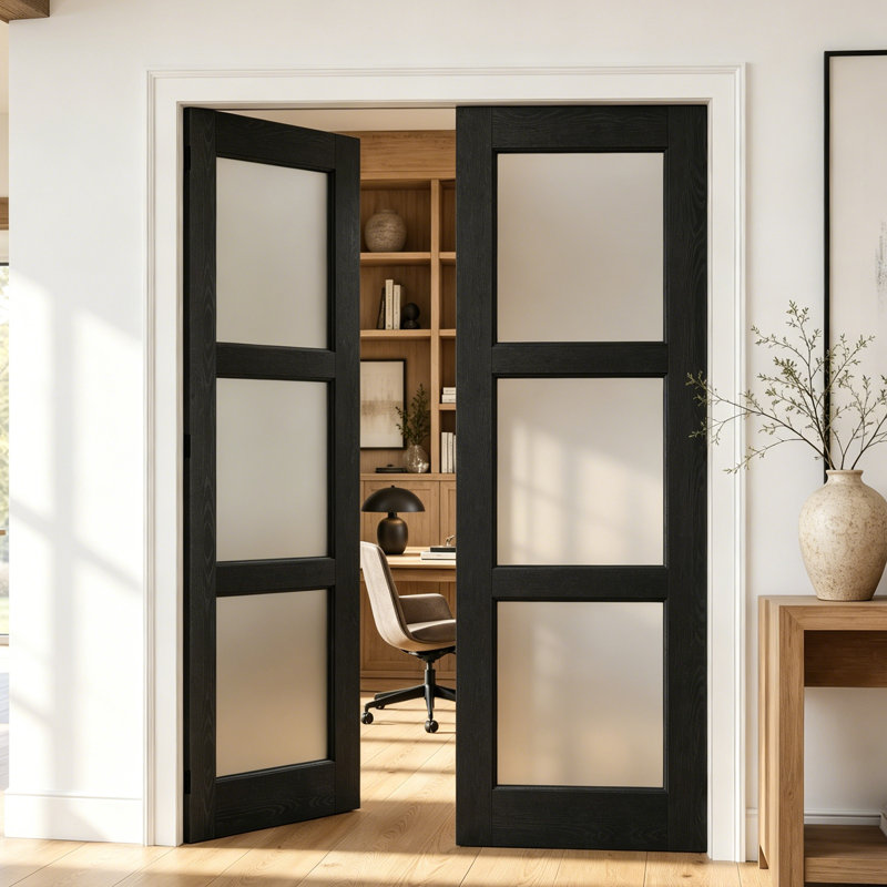 Double porte intérieure noire avec cadre - 3 portes françaises en verre givré texturé pré-assemblé, 48"X80"