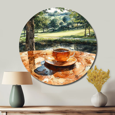 «Coffee Cup At The Golf Court II», reproduction d'art en métal orange traditionnel, art mural rond en métal Coffee