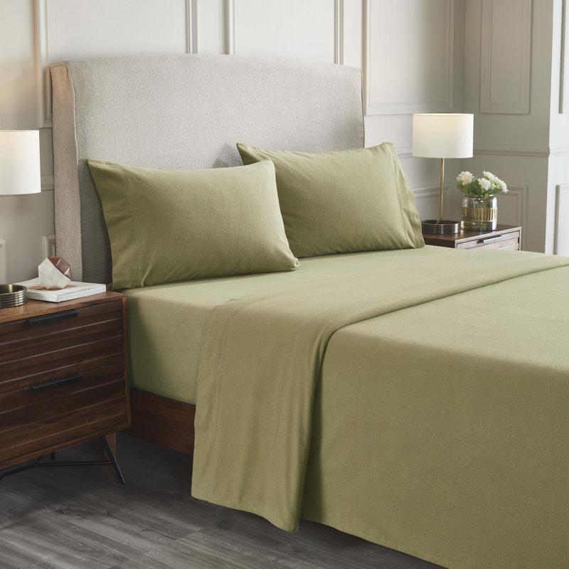 Rome Flannel Cotton Solid Fuzzy Warm Deep Pocket Sheet Set, California King Sheet Set with 2 Pillowcases, Sage