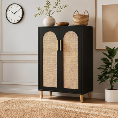 Buffet Cabinet 2 Doors – Rattan Coffee Bar Storage with Adjustable Shelves, Sturdy Engineered Wood Frame; Waterproof Top; Anti-Tip Safety Hardware; Versatile For Living Room, Dining Room, Entryway