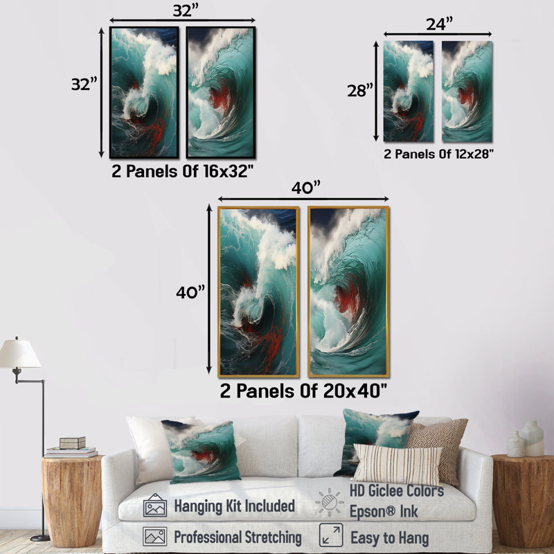 Vague rouge, vert, merveille colorée - ensemble de 2 impressions sur toile côtière, Toile tendue, H 28 po x l 25 po