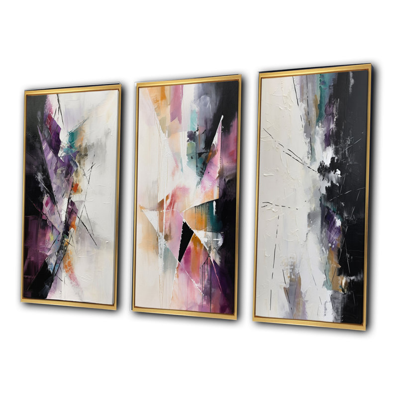 «Mauve langue des lignes», 3 pièces sur toile, Cadre flottant doré, H 28 po x l 36 po