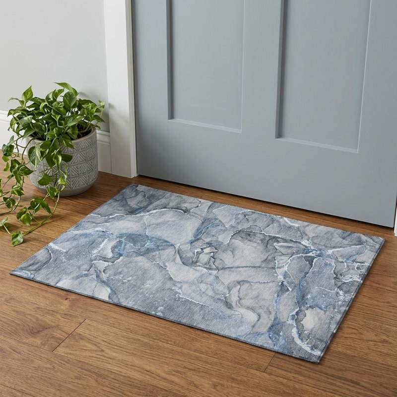 3' X 5' Blue And Ivory Abstract Washable Area Rug With UV Protection