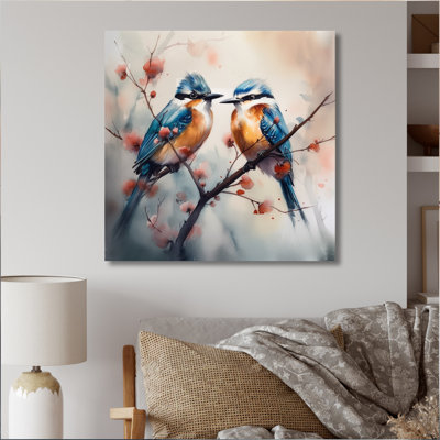 «Blue Birds Sitting On Tree Branch II», reproduction d'oiseaux sur toile