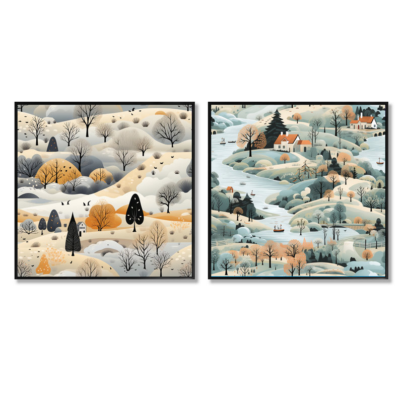 Winter Winter Scandinavian Landscape II - ensemble de 2 collage de paysage carré, Cadre flottant noir, H 36 po x l 73 po