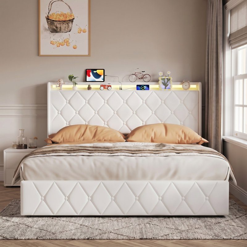 Lift Up Storage Bed Frame, European Kingsize (160 x 200 cm), Beige