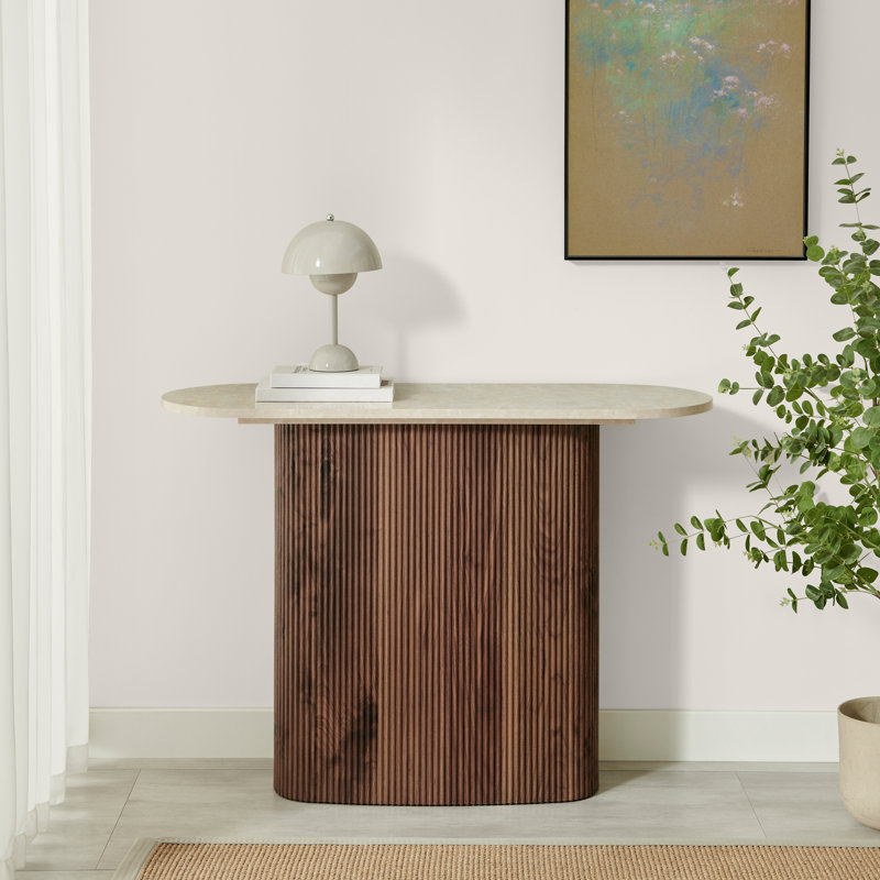 Penny Pillar Round Wood Console Table - Simple & Elegant Scandi Style, Walnut