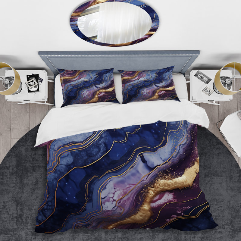 Ensemble de housse de couette en marbre bleu et doré Abstract Marble Essence IV, Housse de couette pour très grand lit