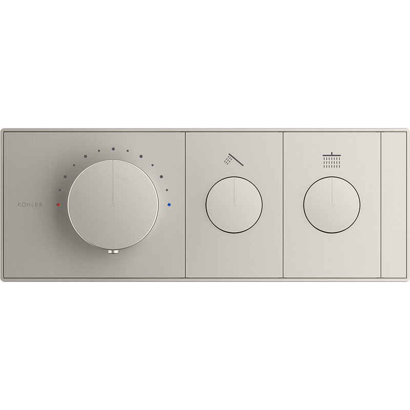 Panneau de commande de valve thermostatique à deux prises Anthem avec boutons-poussoirs encastrés, Nickel brossé