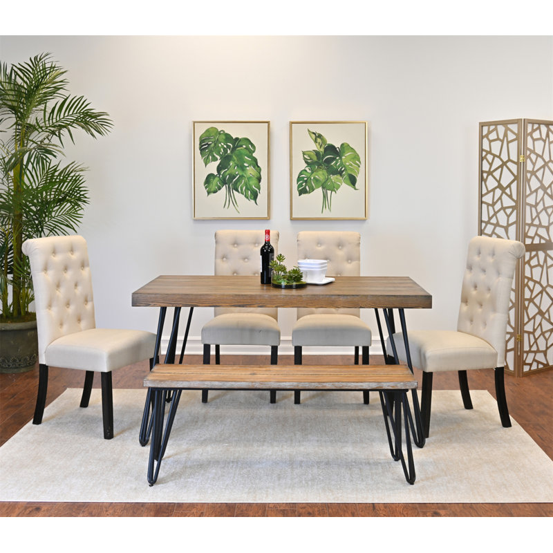 Ensemble de salle à manger 6 pièces Ashford, table de salle à manger en épingle à cheveux avec 4 chaises et banc, 4 options de couleur