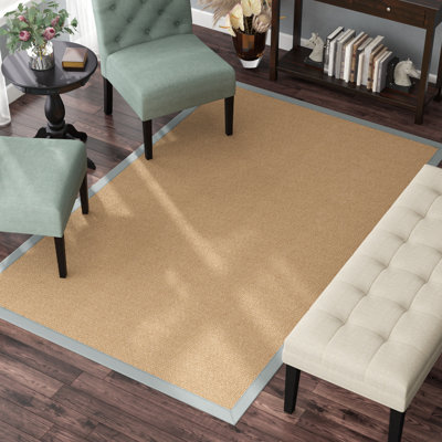 Nannette Handmade Medium Beige Berber with Ice Blue Cotton Border Made in the USA Area Rug