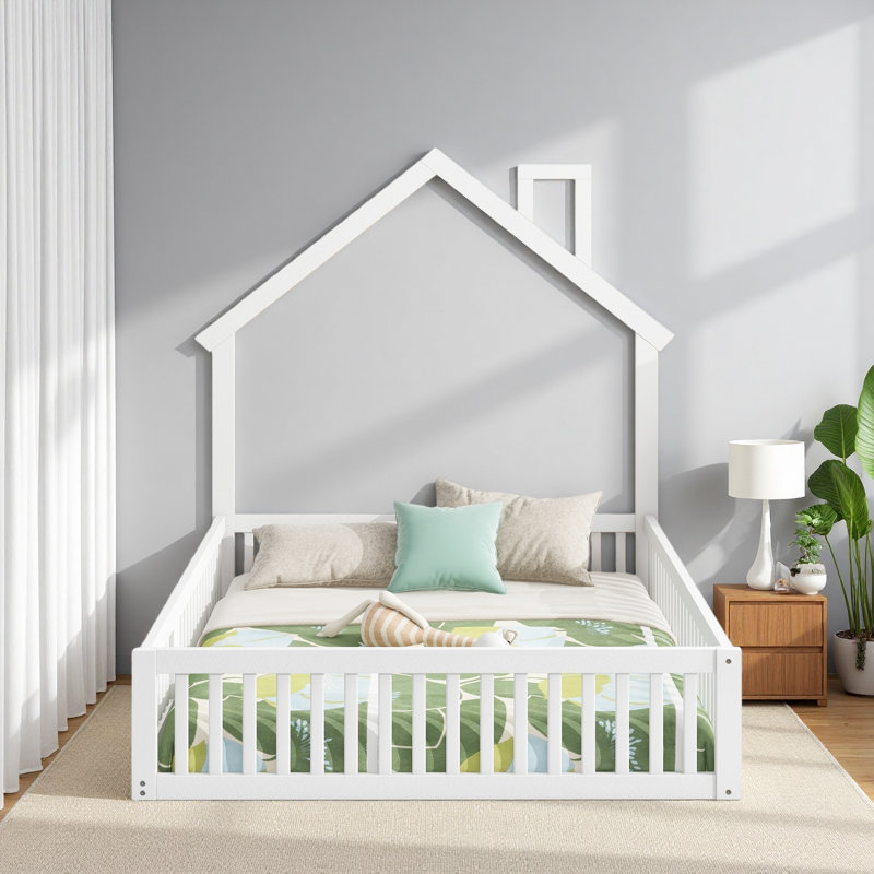 Wood Full Size House Platform Bed With Guardrail, White