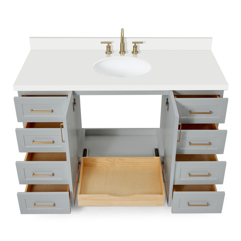 61 IN.  Single Bathroom Vanity, Gray, Oval, White Quartz