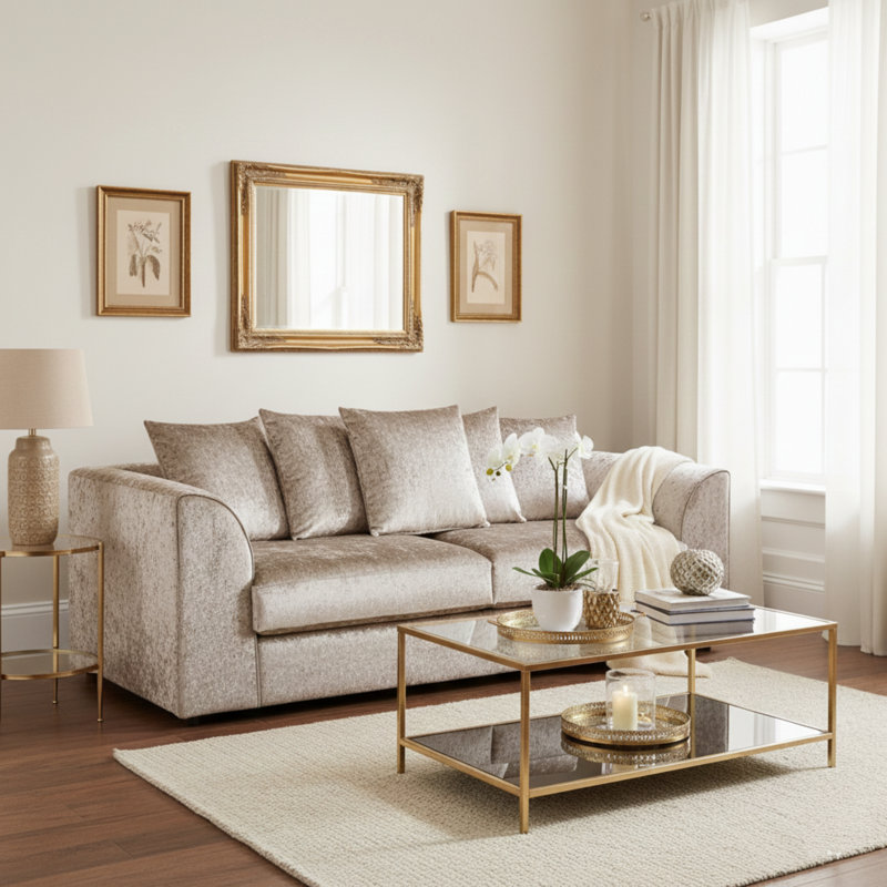 100% Crushed Velvet 3 Seater Sofa, Beige