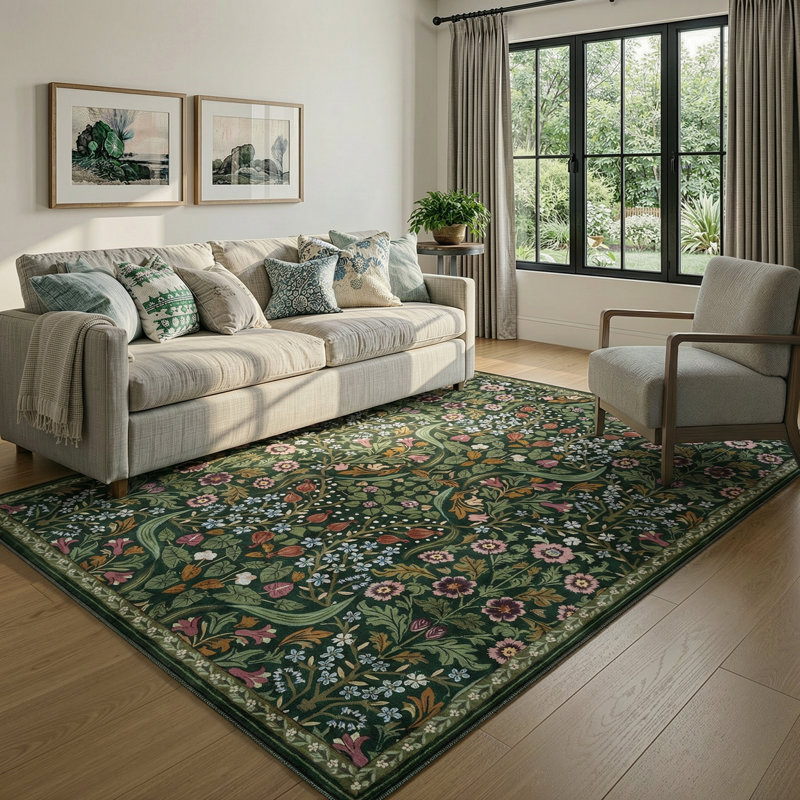 Tapis lavable à motif floral Kaldi, Rectangle 5 pi x 7 pi, Vert