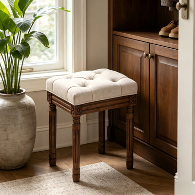 Banc en lin couleur velours, pieds en bois massif brun foncé sculptés, convient à la chambre et au salon
