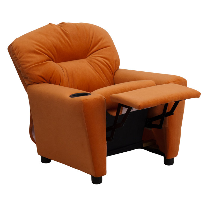 Contemporary Kids Recliner with Cup Holder, Microfiber - Orange