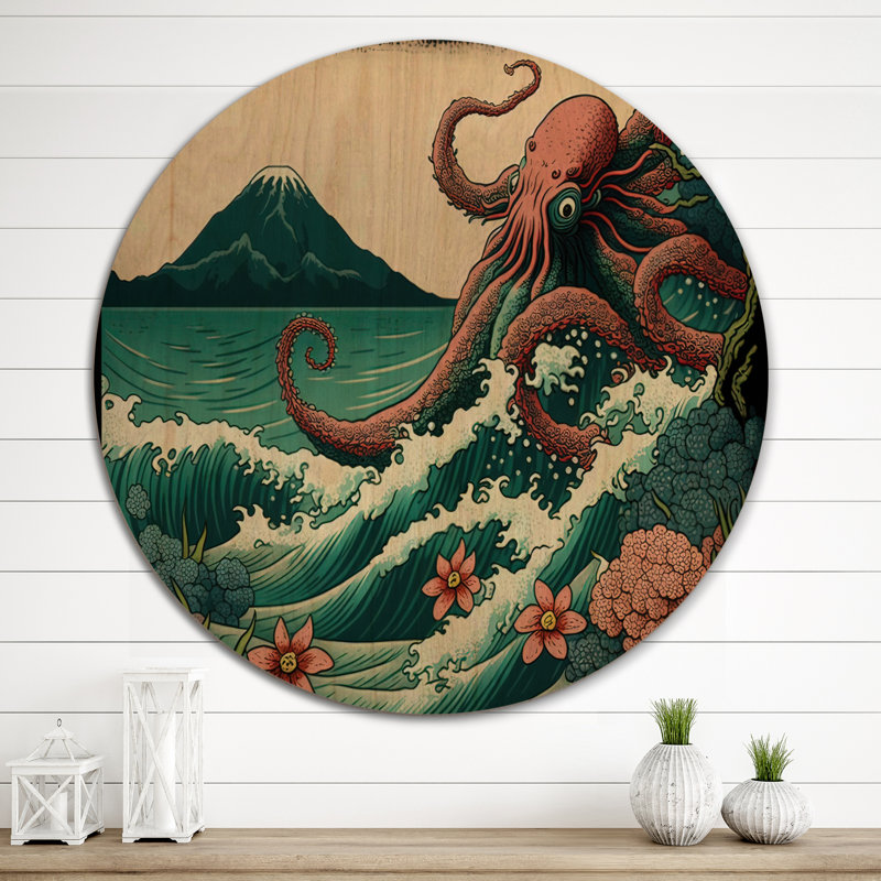 Paysage japonais avec pieuvre I - décoration murale japonaise / campagne en bois, H 23 po x l 23 po x P 1 po