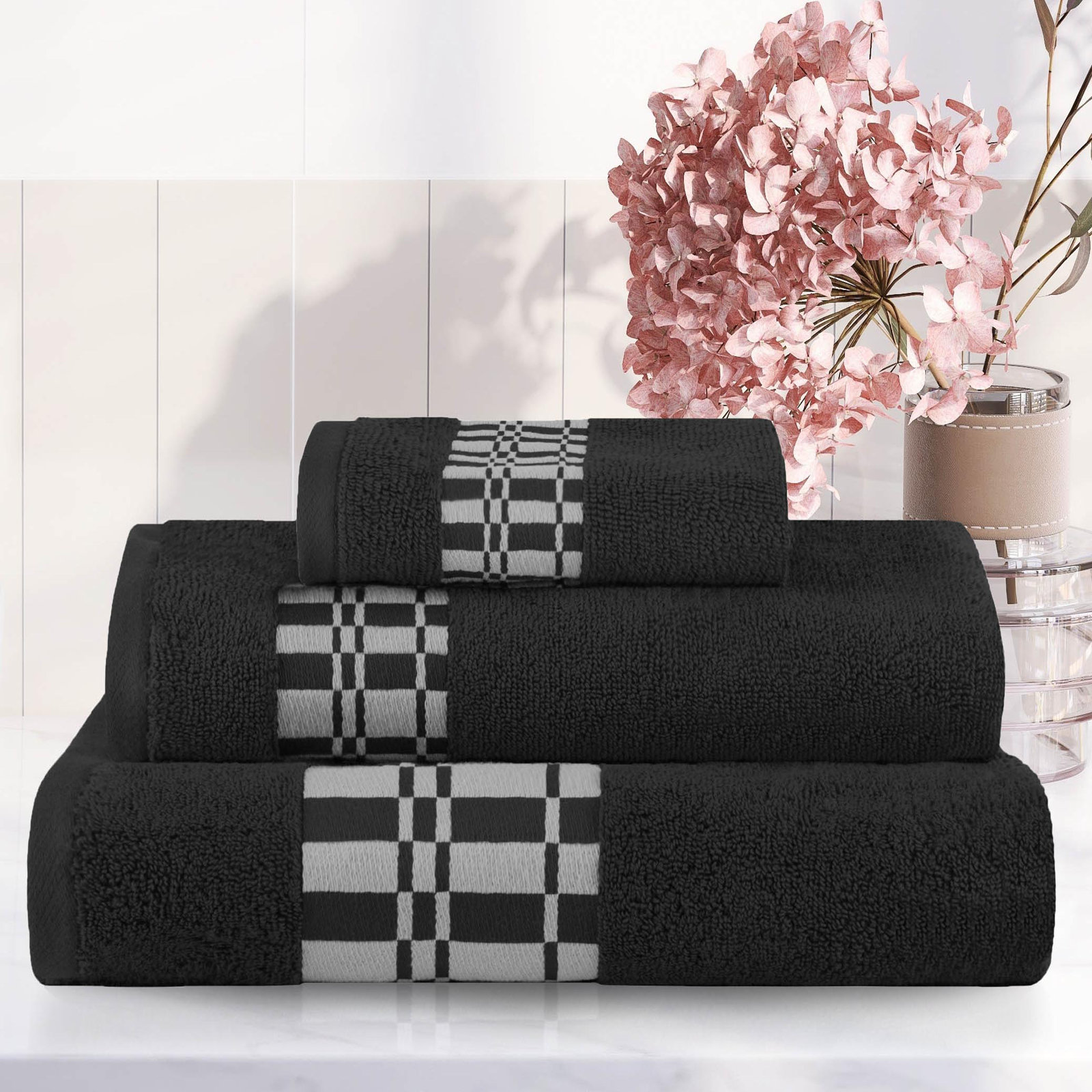 Davis 3-Piece Geometric Cotton Towel Set, Black