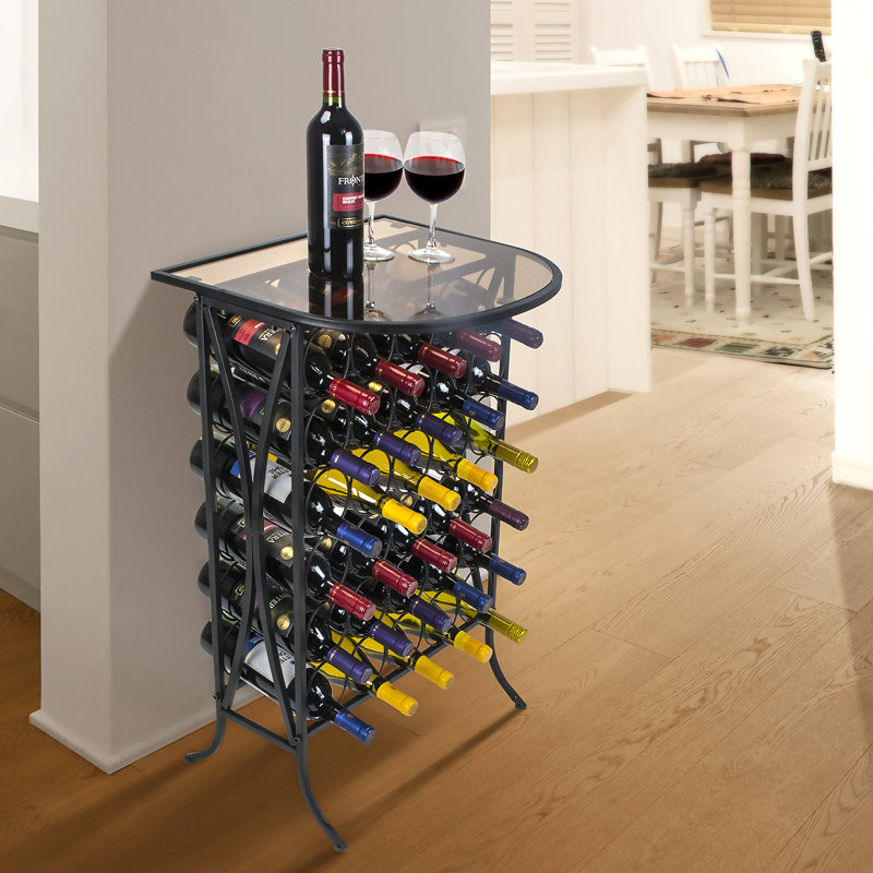 Black Metal 30-Bottle Wine Rack with Glass Top